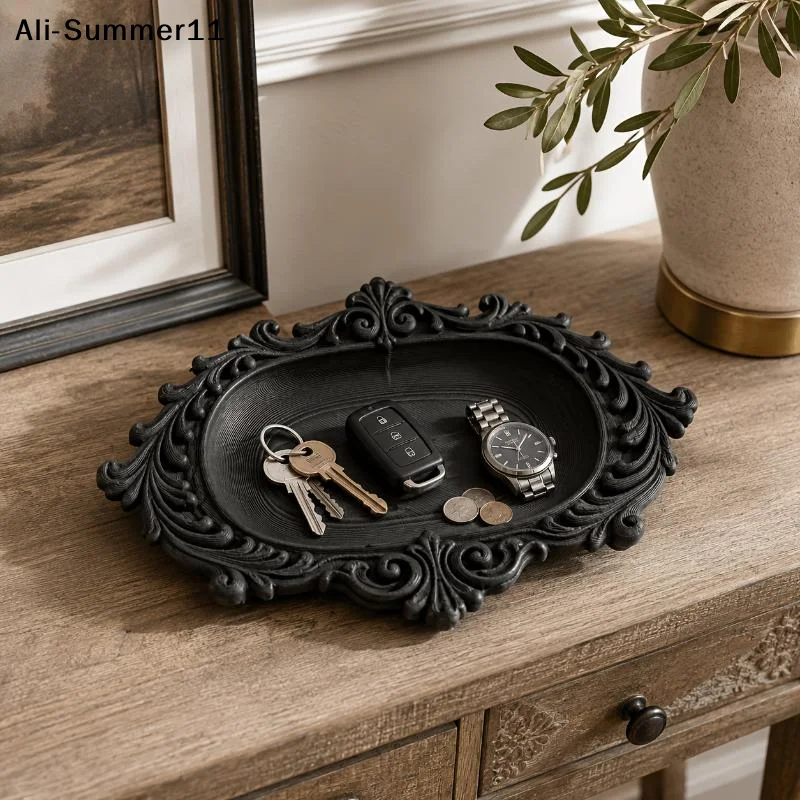 【Y】3D‑Printed Baroque Vintage Carved Tray Gothic Entryway Key Organizer Victorian Jewelry Display Dish