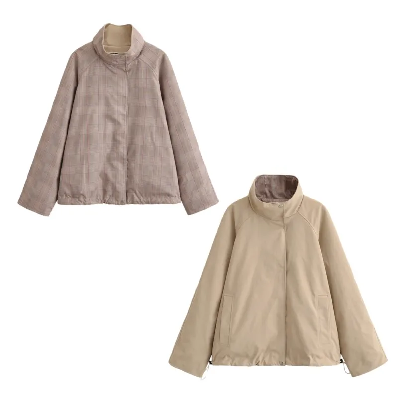 HipSeam Women's Reversible Trench Coat New 2026 Autumn High-Neck Zipper Woman Winter Jacket Chic Loose Female Check Coats