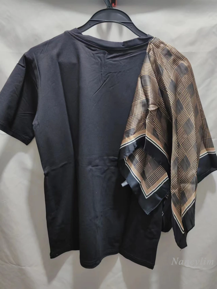 2024 Spring Summer Black T-Shirt Plaid Scarf Stitching Round Neck Tshirt Korean Fashion Top Cotton Tees