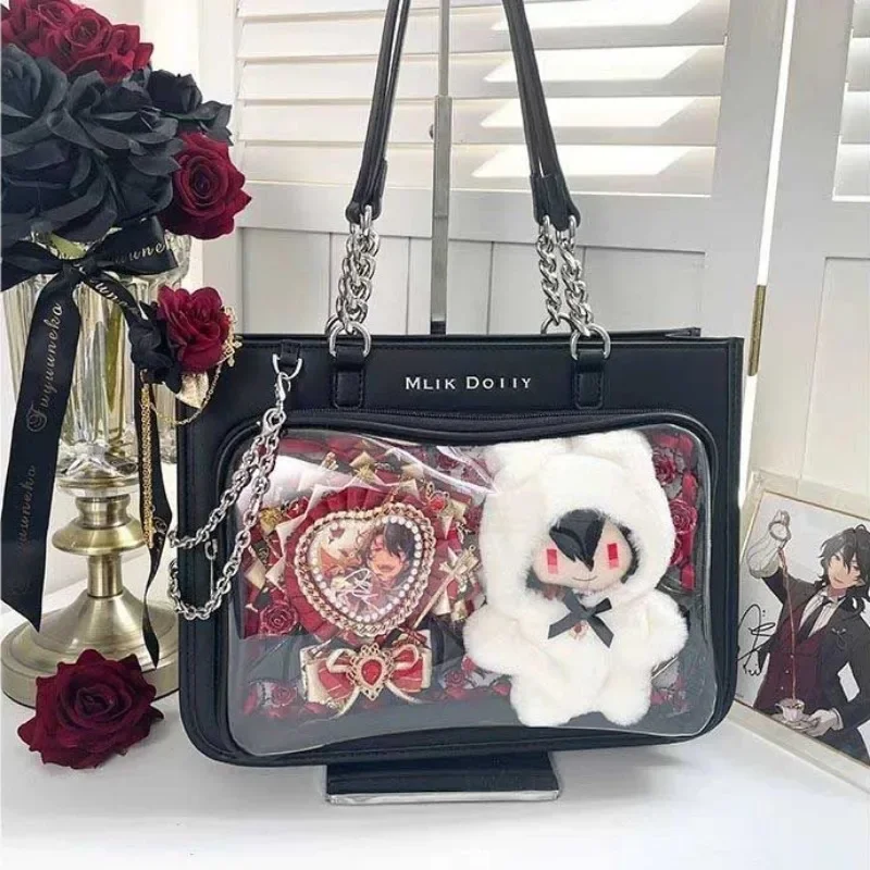 MBTI New Fashion Womens Shoulder Bag Black Lolita Gothic Y2k Cute Tote Bag Transparent Jk Chains Square Large Capacity Handbag