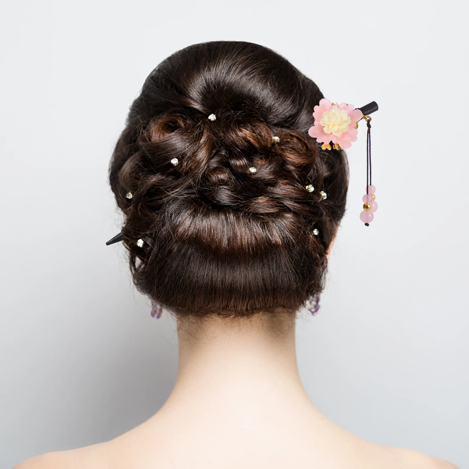 

Pink Jade Hairpin Women'S Floral Shaped Wooden Bun Hairpins Chinese Style Vintage Headdress Hanfu Accessory Festival Gift