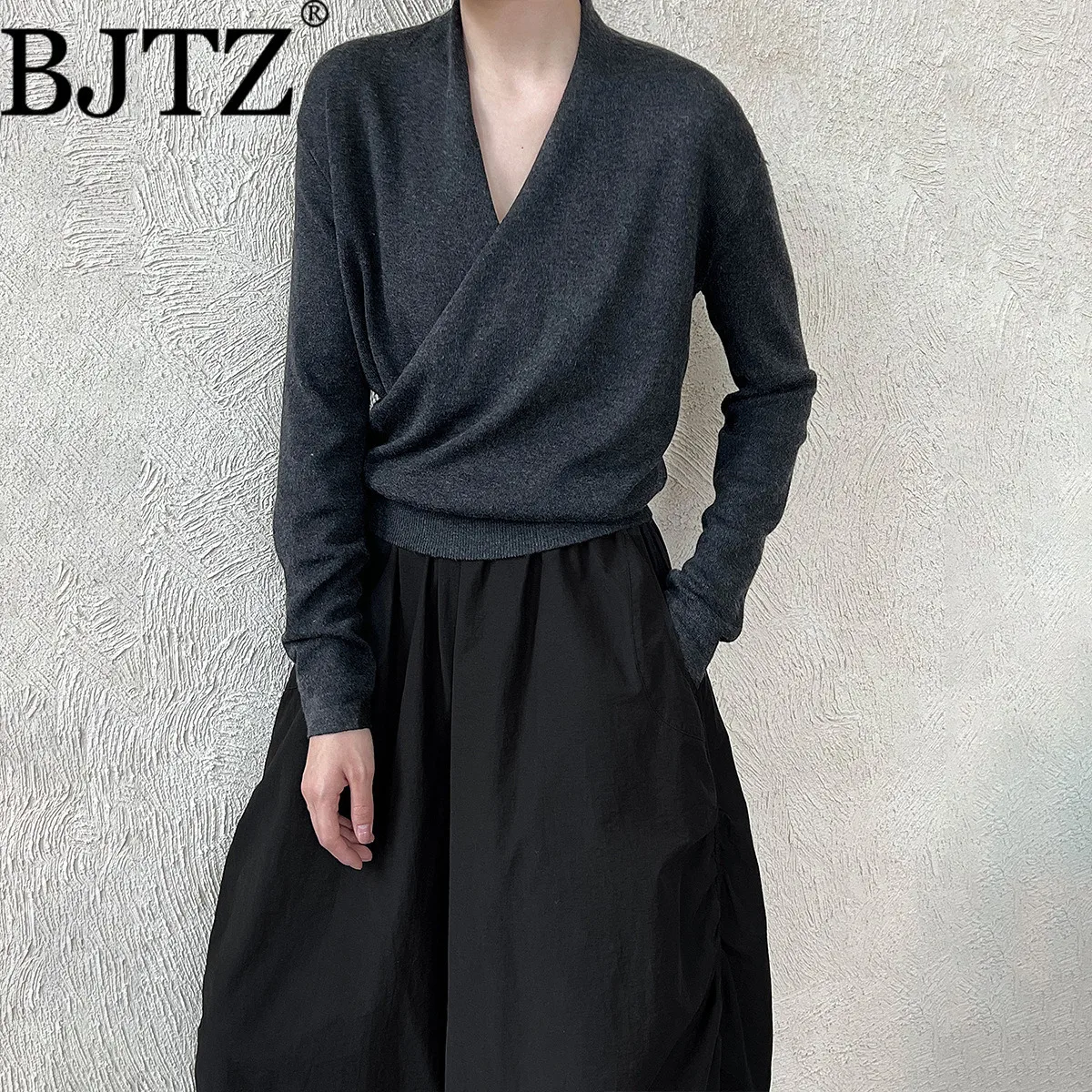 BJTZ 2025 Autumn Winter Women’s Cross V-Neck Soft Wool Knit Sweater Long Sleeve Thermal Top Cozy Casual Loungewear Tops