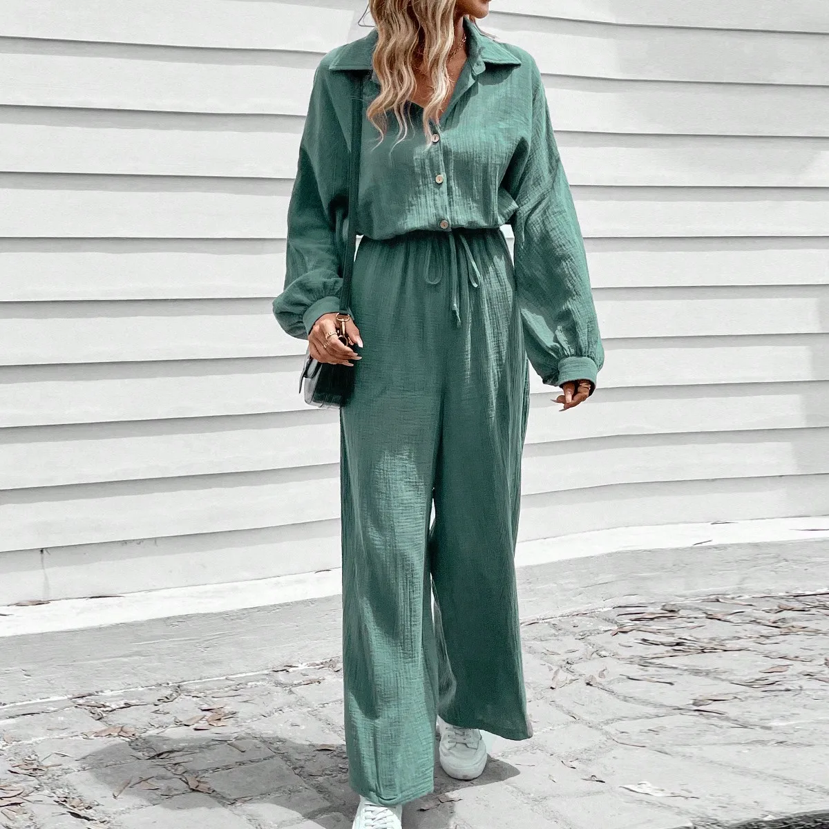 

Ele een Long Sve Jumpsuit for Women Summer 2025 New Sle Chinese Polyester Fiber round Ne Two-Piece Set Casual Sp...