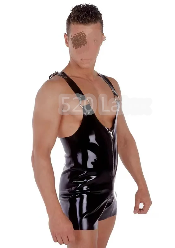 

Handmade Men's Latex Sleeveless Catsuit Latex Tank Bodysuit Adjustable Shoulder Straps Front Zip Skin-Tight Latex Jumpsuit Cos