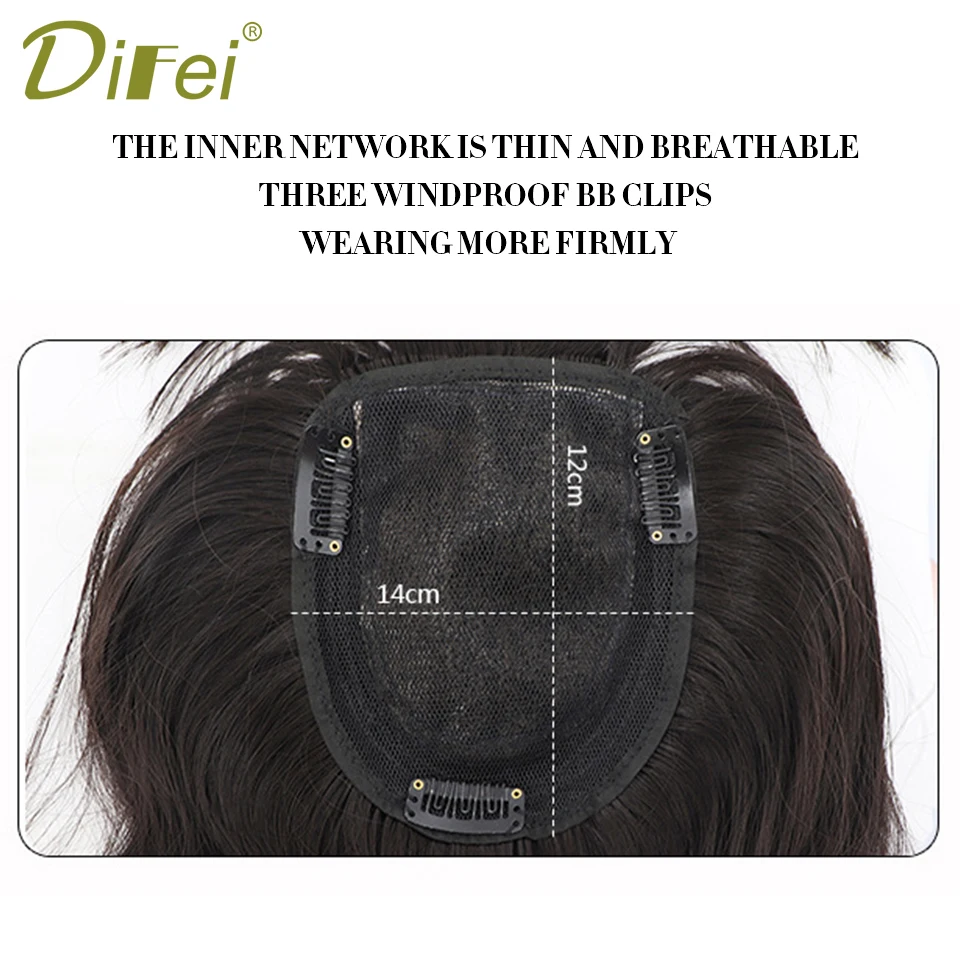 DIFEI Synthetic Long Wavy Hair Topper With Bangs Fake Hair Toupee Replacement Block  3D Air Bangs Hair Clip-In Hair Extension