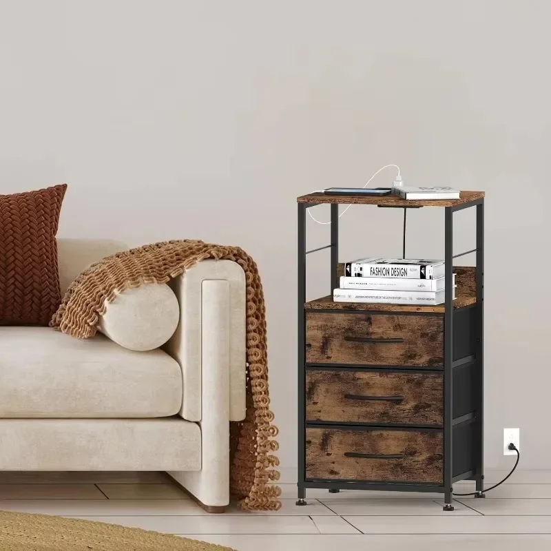 With Charging Station Bedroom Side Tables with USB Ports and Outlets 3 Tier Tall Night Stand with Fabric Drawer