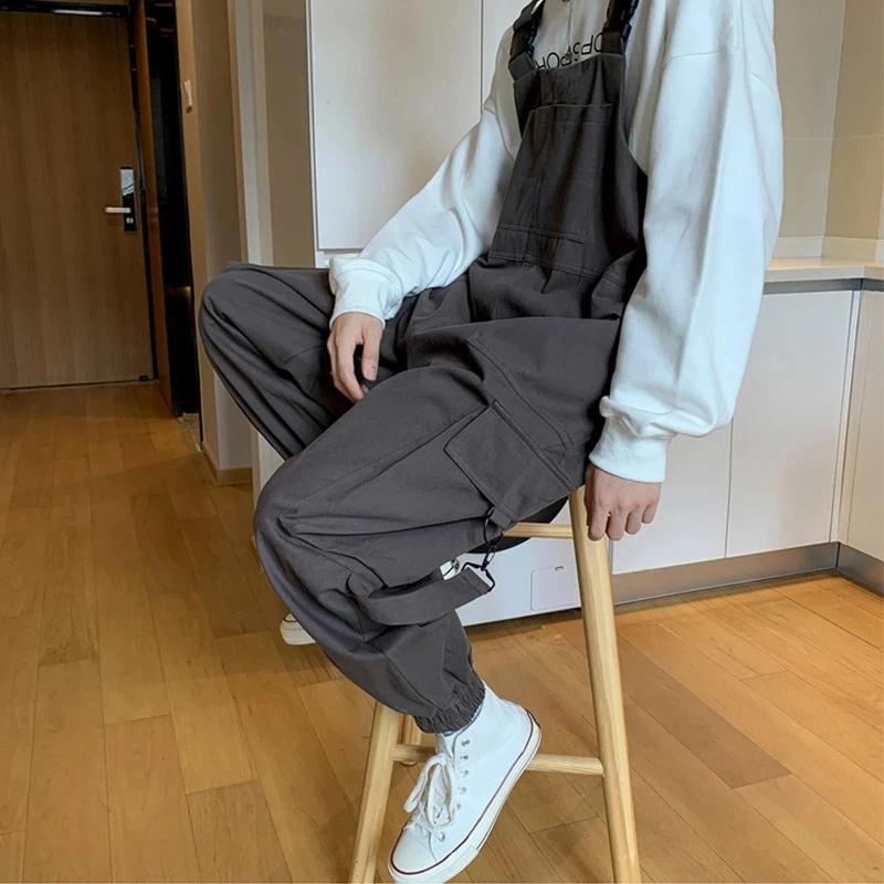 Suspenders Jumpsuit Pants Men Summer Overalls Japanese Loose Straps Casual Pockets Unisex Oversize Streetwear Solid Man Clothing