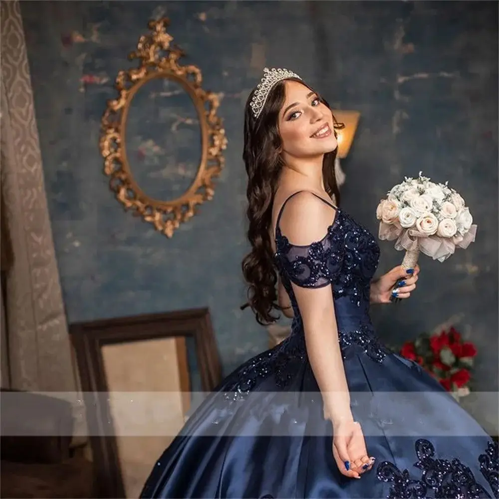 Lorencia Navy Blue Quinceanera Dress Ball Gown Shiny Lace Applique Beading Corset Sweet 16 15 Birthday Party Gowns Robe YQD342