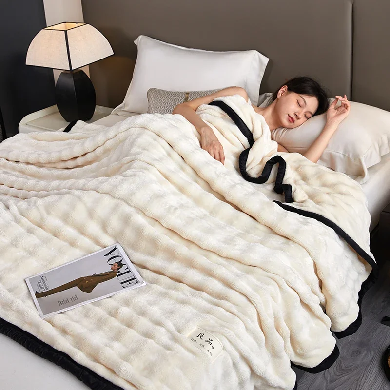 Contrast Edge Faux Rabbit Fur Blanket Double-Sided Bubble Velvet Throw Blanket for Sofa Bed Nap Spring Autumn Warm Plush Blanket