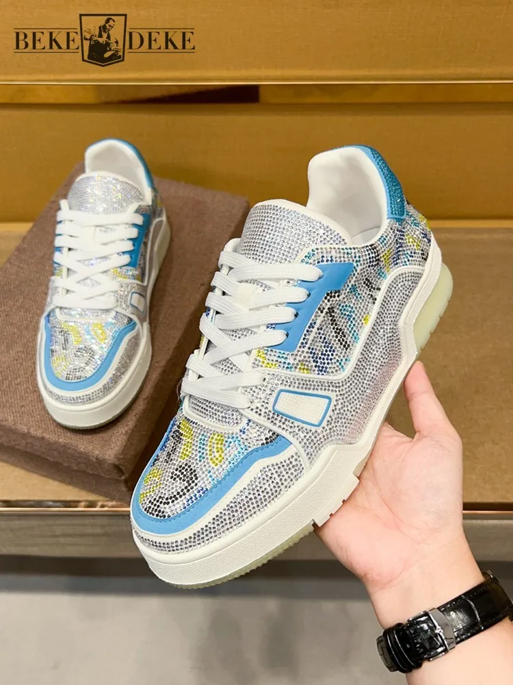 Männer Diamanten Kristall Patchwork Wildleder Echtes Leder Schuhe Schnüren Runde Kappe Dicken Boden Casual Schuhe Höhe Erhöhen Plattform