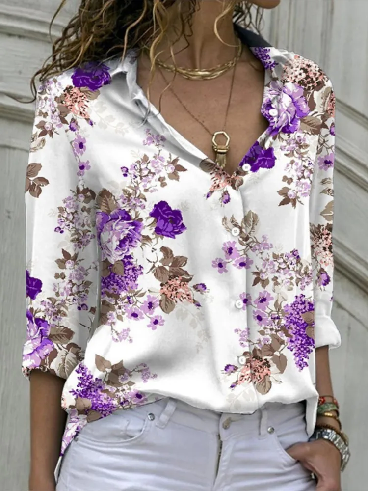 Spring Summer Women's Clothing New Fashion Printed Flower Long Sleeved Slim Fit Lapel Casual Loose Comfortable Button Up Shirt