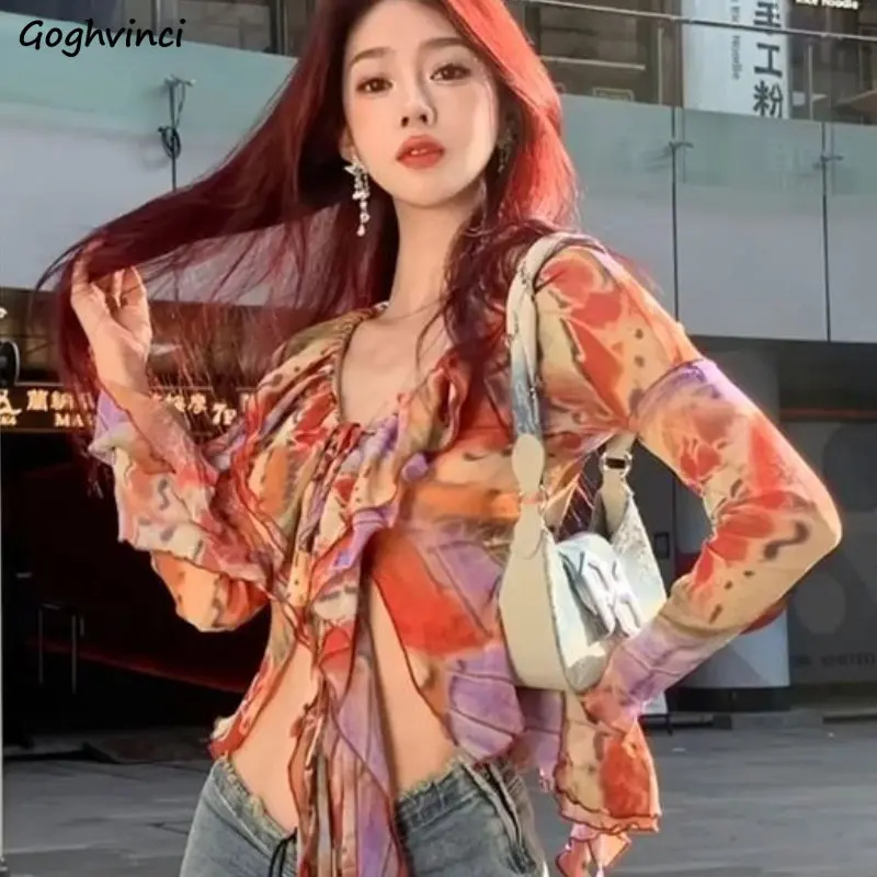 Blouses Women Tie Dye Vintage Elegant Female Spring Streetwear Casual Personality Aesthetic Korean Style All-match Ins Crop Tops