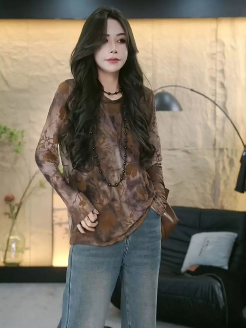 تي شيرت بأكمام طويلة للمراهقين والنساء بحاشية بتلات ربيعية وخصر برباط وطيات بسيطة وطبقات منعشة وبسيطة ونظيفة حضرية #6