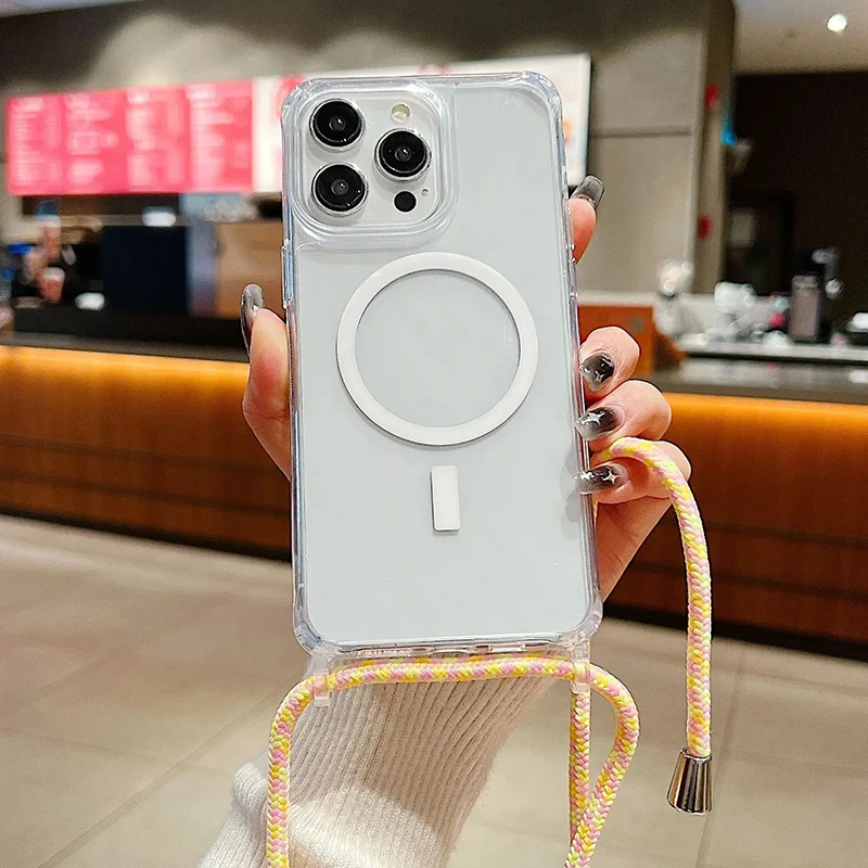 Shockproof Transparent Magnetic Case for iPhone 16 15 13 11 14 12 Pro Max Wireless Charging Diagonal Hanging Rope Protect Cover