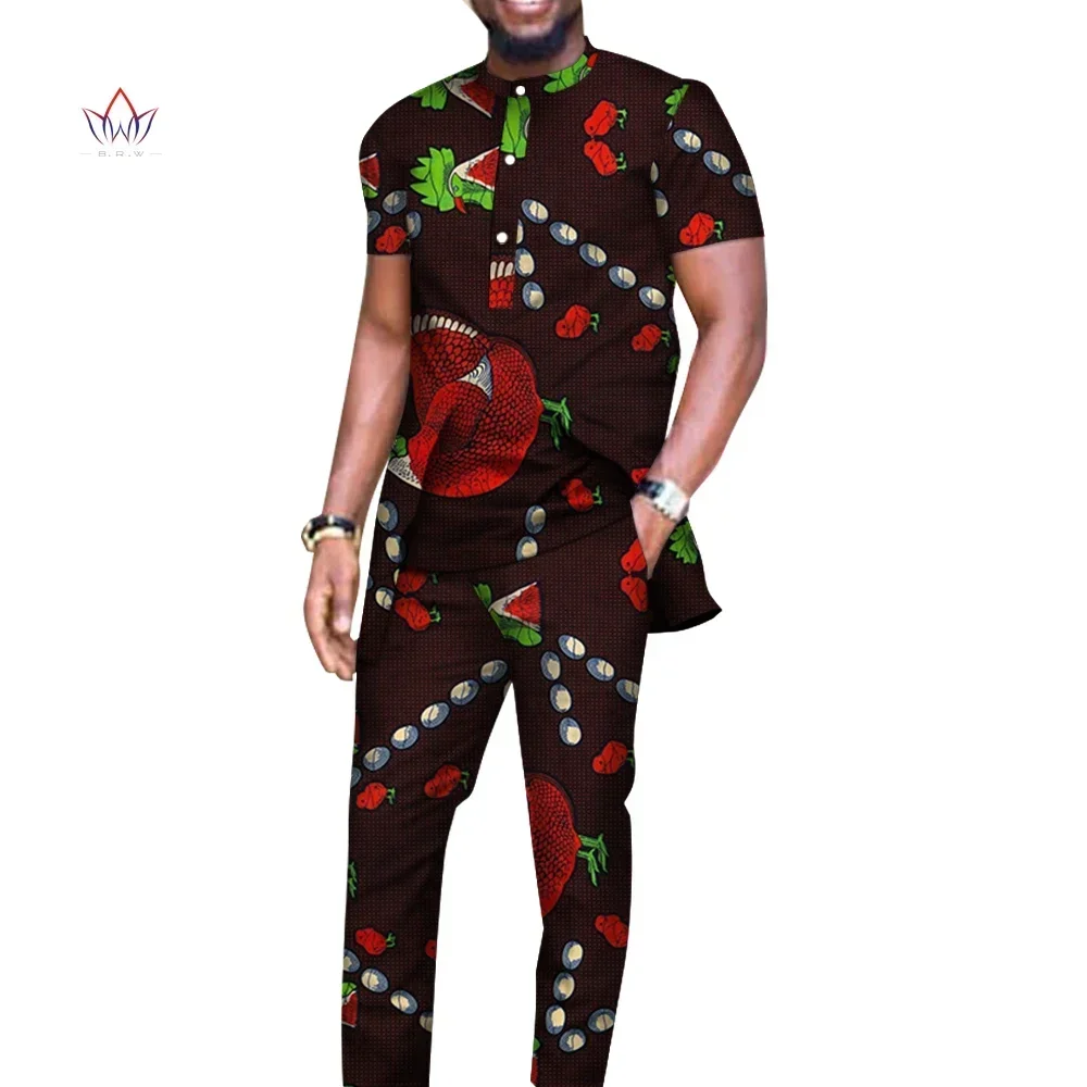 Bazin Riche Men 2 Pieces Pants Sets African Design Clothing African Clothes Casual Men Long Top Shirts and Pants Sets WYN514