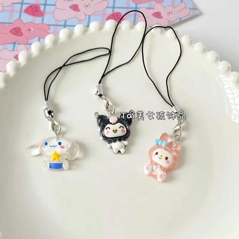 Sanrio Hellokitty Mymelody Pachacco Kuromi Cinnamoroll Purin colgante para teléfono móvil, llavero para amantes, accesorios de cuerda