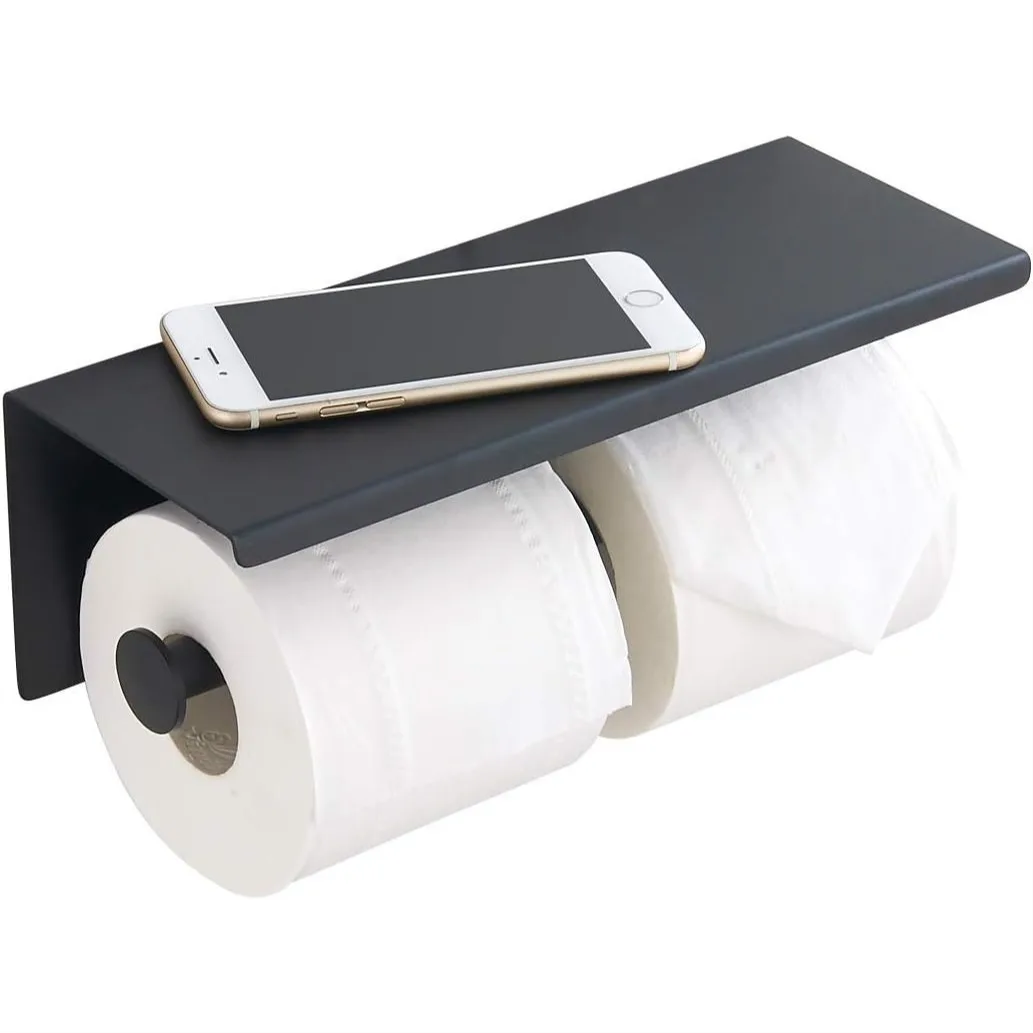 

Double Toilet Paper Holder Wall Mounted Matte Black with Shelf for Bathroom