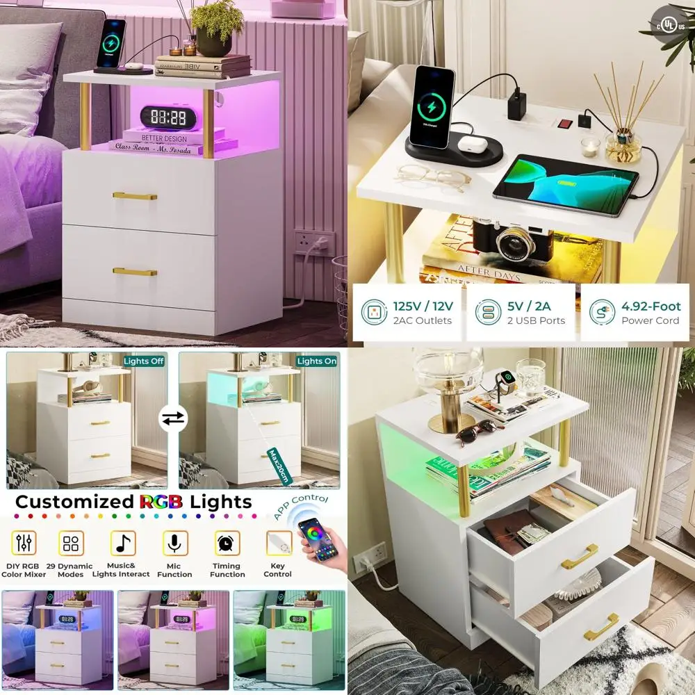 

LED Nightstand with Charging Station and USB Ports, White 2-Drawer Modern Side Table with Open Shelf
