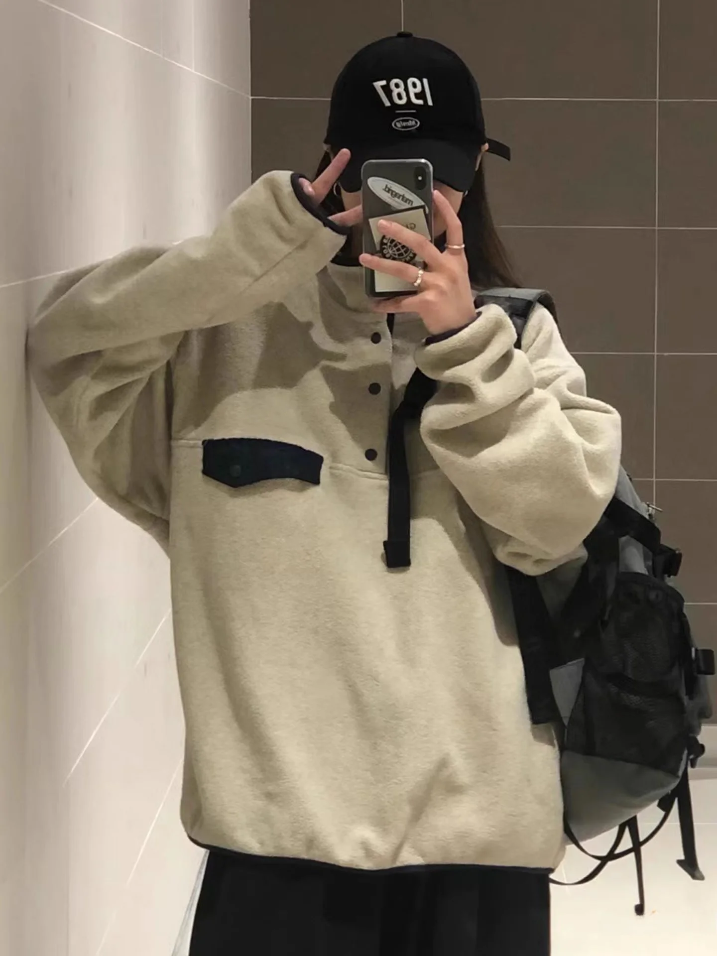Fashionable Outdoor Men's Fleece Sweatshirt Stand Collar Color Block Design Casual Warm Polyester Long Sleeve Jacket