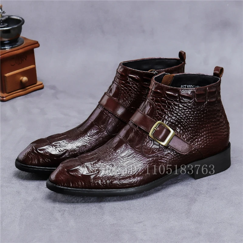 

Men's Crocodile Pattern High-Top Boots Handmade Luxury Buckle Genuine Leather Zippered Business Chelsea Short Boots