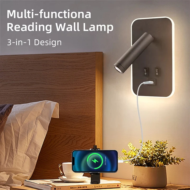 مصباح حائط LED وإضاءة قراءة، شمعدانات جدارية متعددة الوظائف مع منفذ USB، مصباح حائط LED مع ضوء ليلي بجانب السرير لغرفة النوم