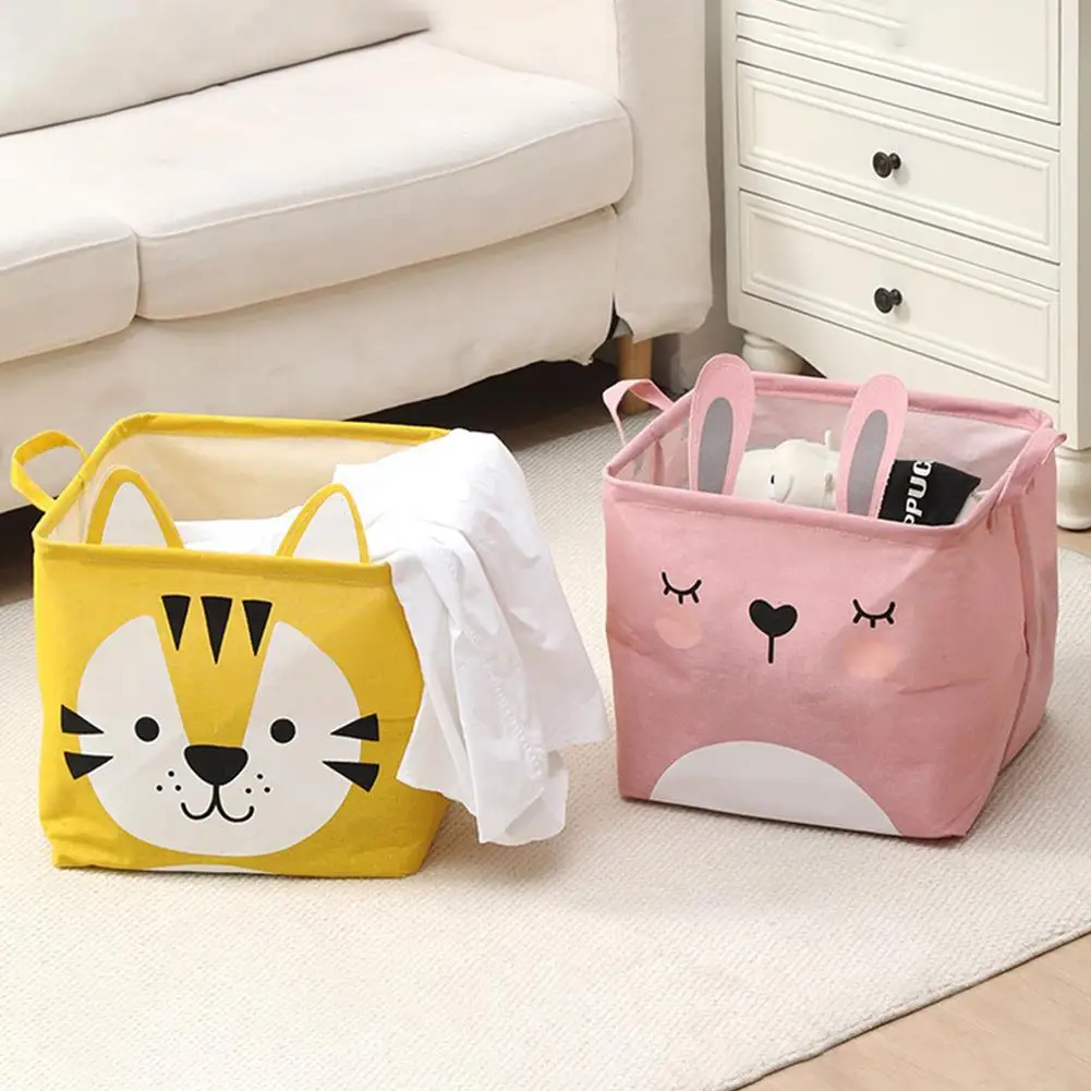 Cute Cartoon Animal Storage Basket Canvas Foldable Toy Storage Box Square Laundry Hamper Sundries Storage Bin For Kids Dorm