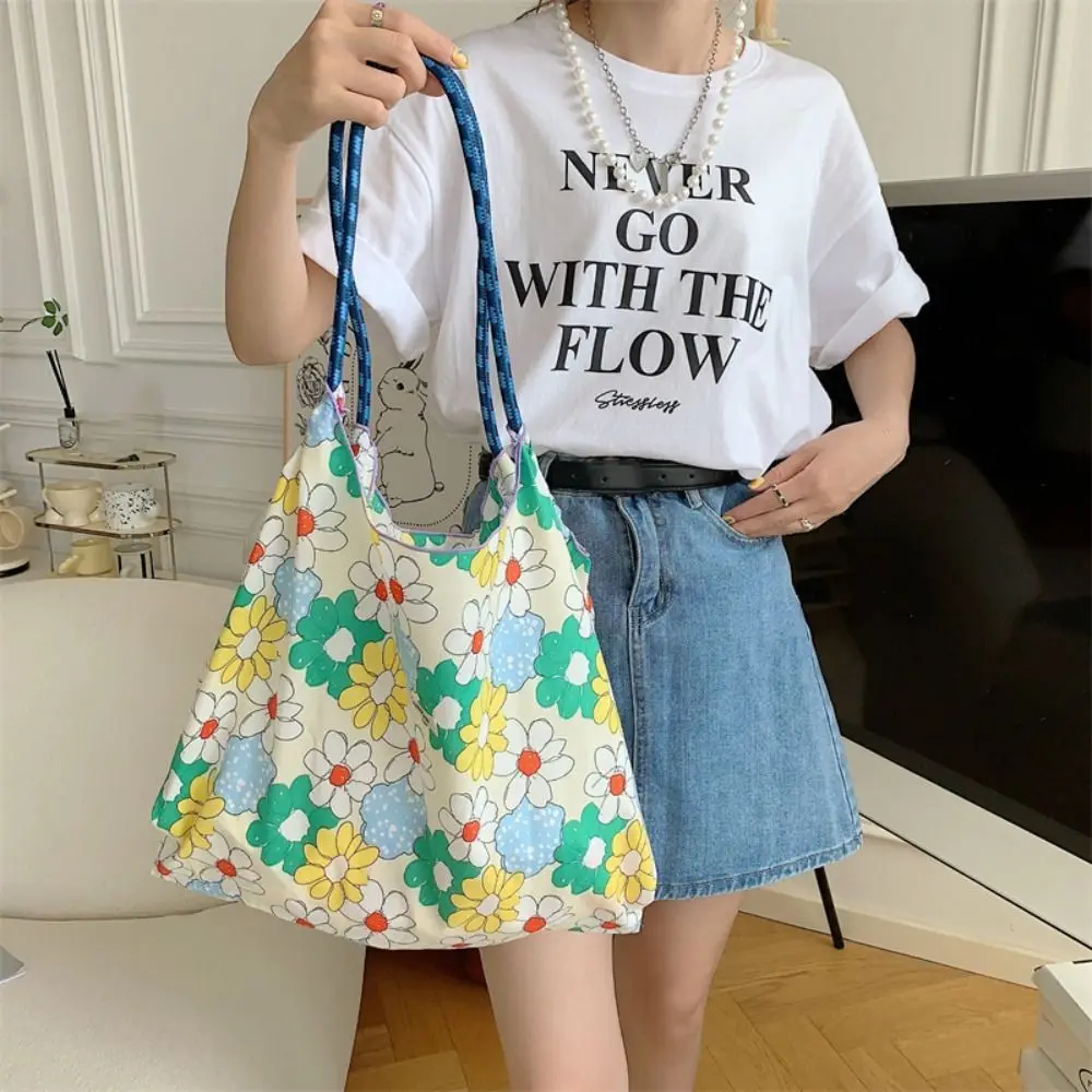 Floral Printed Canvas Shoulder Bag Portable Reusable Large Capacity Drawstring Shopping Bag Handheld Cotton Travel Tote Bag