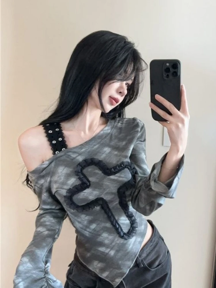 

Y2k Aesthetic Irregular Tie-dye Vintage Tshirts Streetwear Skew Collar Bodycon Tshirts Harajuku Women Grunge Patchwork T-shirt