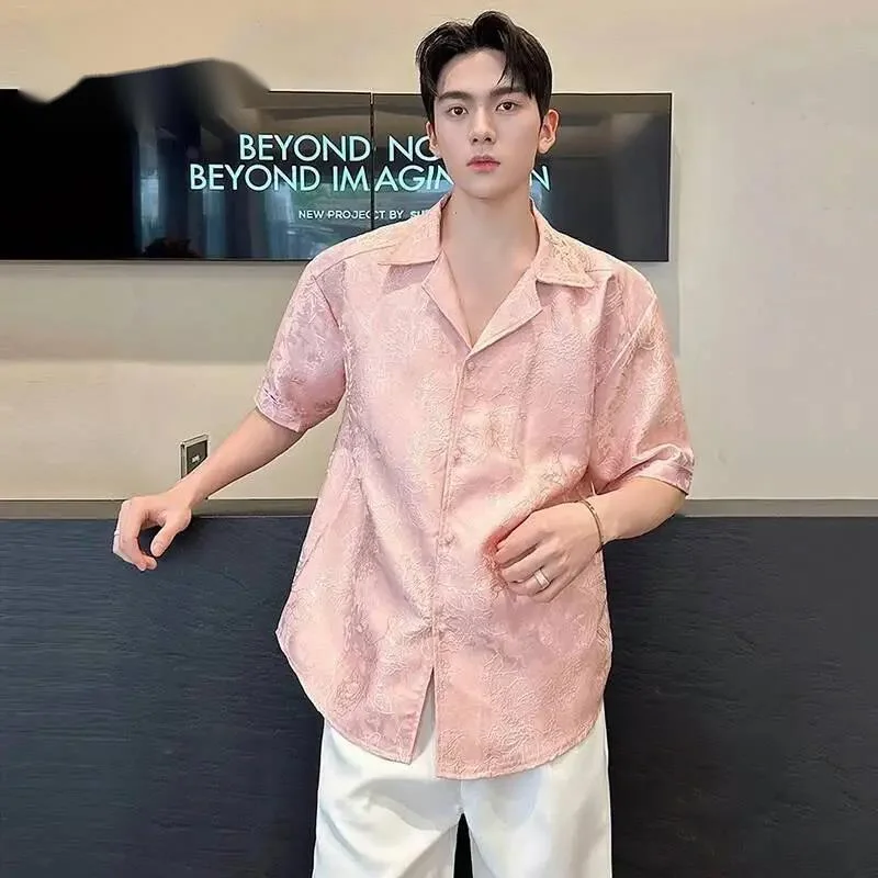 Jacquard Elegant Men's Shirt Pink Turn Down Collar Short Sleeve Casual Streetwear Loose Notched Blouse Top 9KVD