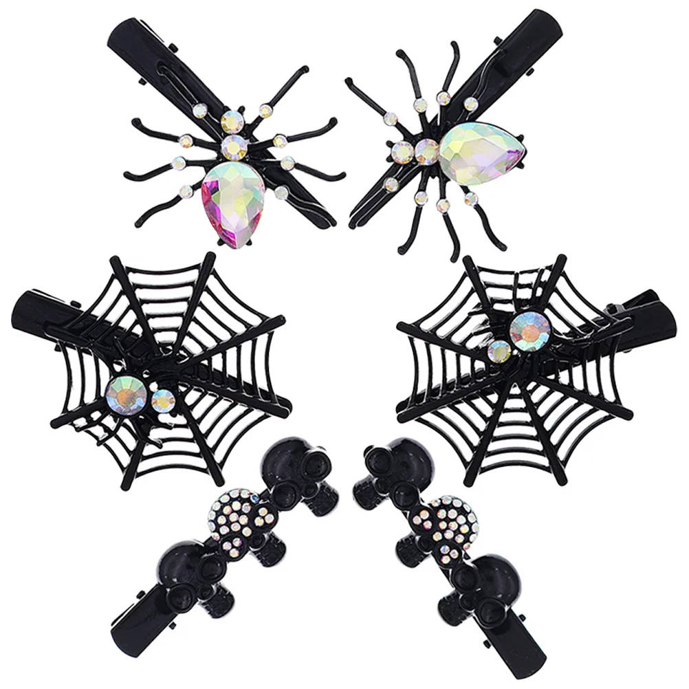 6 Pcs Hair Clip Skull Rhinestones Barrettes Spider Web Accessories Black Halloween