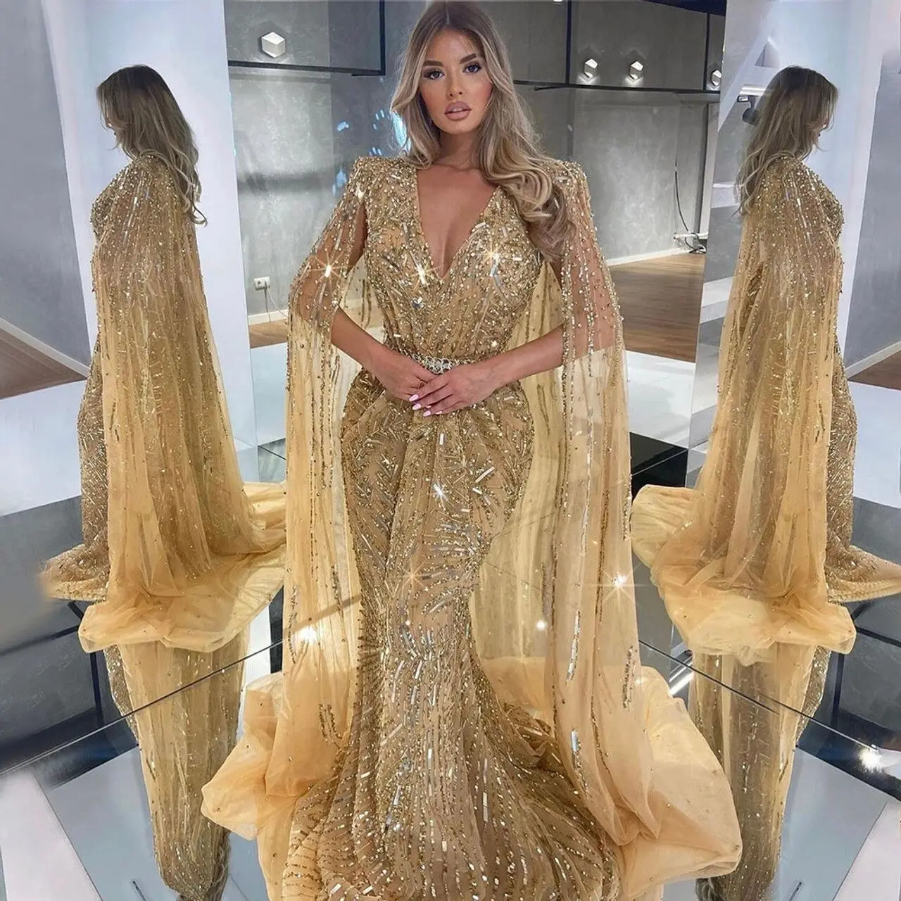 

Gold Beaded Evening Dresses Luxury 2024 V-Neck Long Sleeves Formal Occasion Dresses For Women Vestidos Para Mujer Celebrity Gown