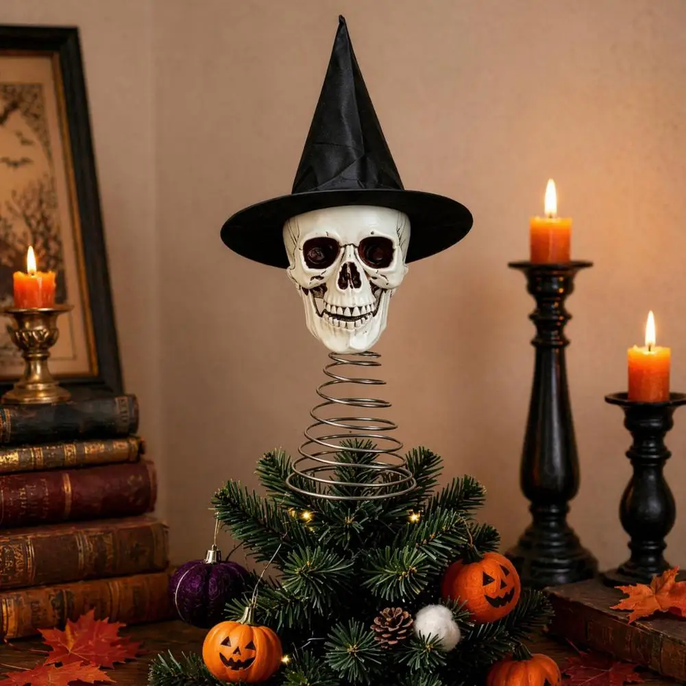 Halloween Skull Tree Topper Halloween Witch Hat Skull Tree Topper Skeleton Figurine Party Decor Spooky Festive Home Ornament