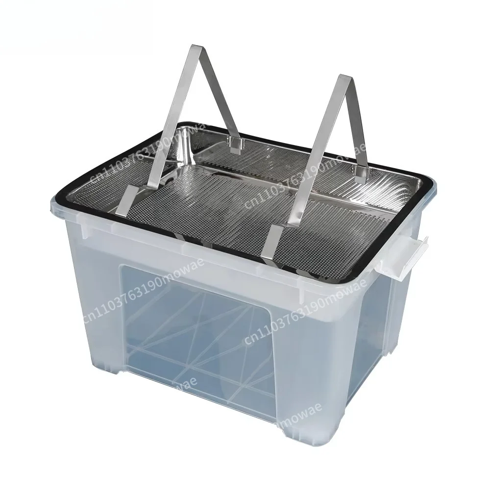 New open trays for beekeeping with honey filters and storage units for filtration equipment