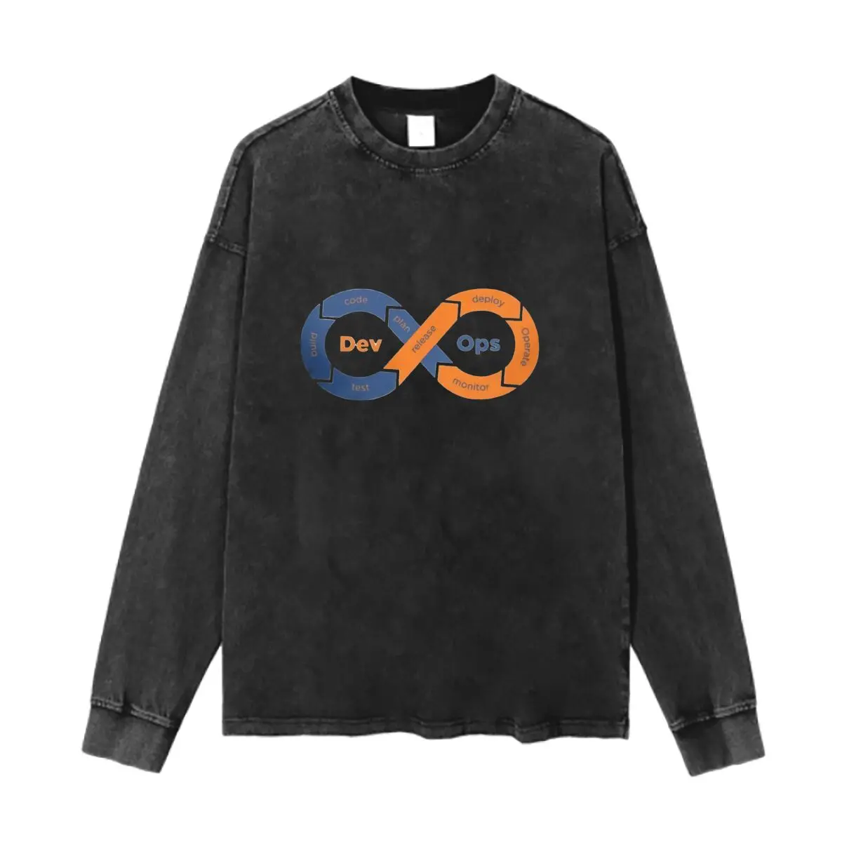 

DevOps Cycle Art Graphic Washed Vintage Long Sleeves Cotton Tee Shirt Solid O Collared For Men's And Women's