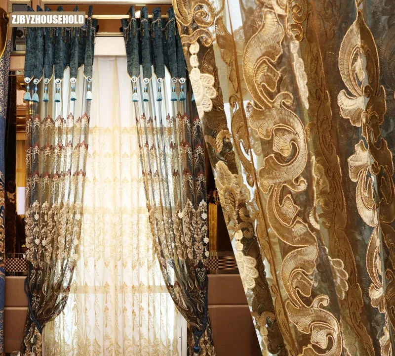 

High-end Embroidered Curtains for Living Room Luxury Custom-made Finished Blue Coffee Color Nordic Style Window Curtain