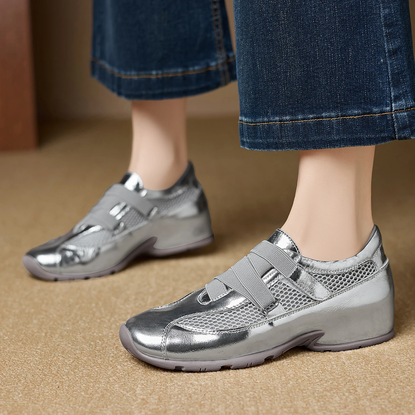 

Genuine Leather Cowhide+ Mesh Women's Sandals,Casual Comfortable Breathable Openwork Women Shoes,Fashion Summer Women Sneakers