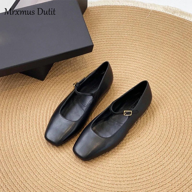 Mrxmus dutit Autumn New 2024 Women Round Head Solid Genuine Leather Flat Shoes Vintage Versatile Mary Jane Shoes Female Chic