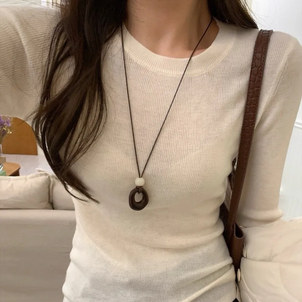 Irregular Hollow Circular Resin Pendant Adjustable Length Leather Rope Geometric Pendant Wooden Circular Sweater Chain