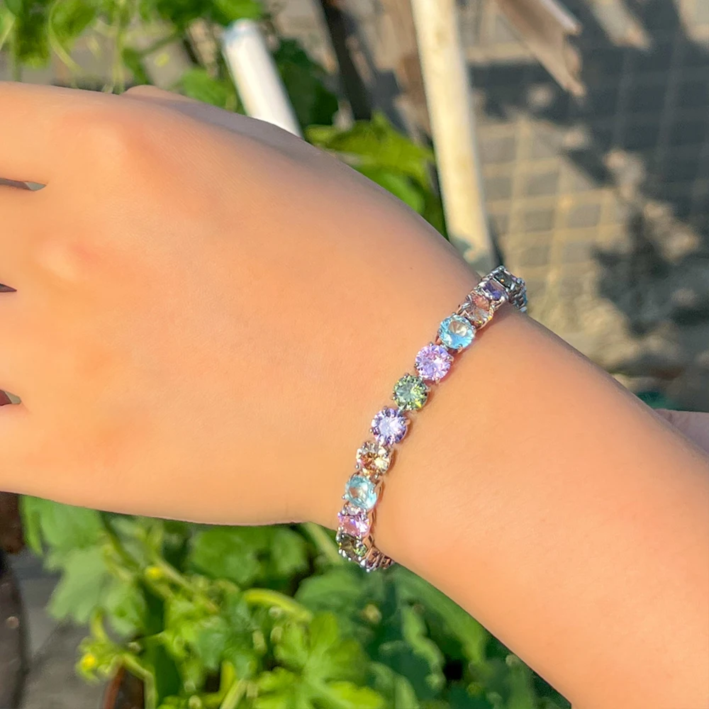 BeaQueen Silver Plated Round Multicolor Zirconia Rainbow Tennis Link  Bracelet Women Bridal Party Banquet Statement Jewelry B241