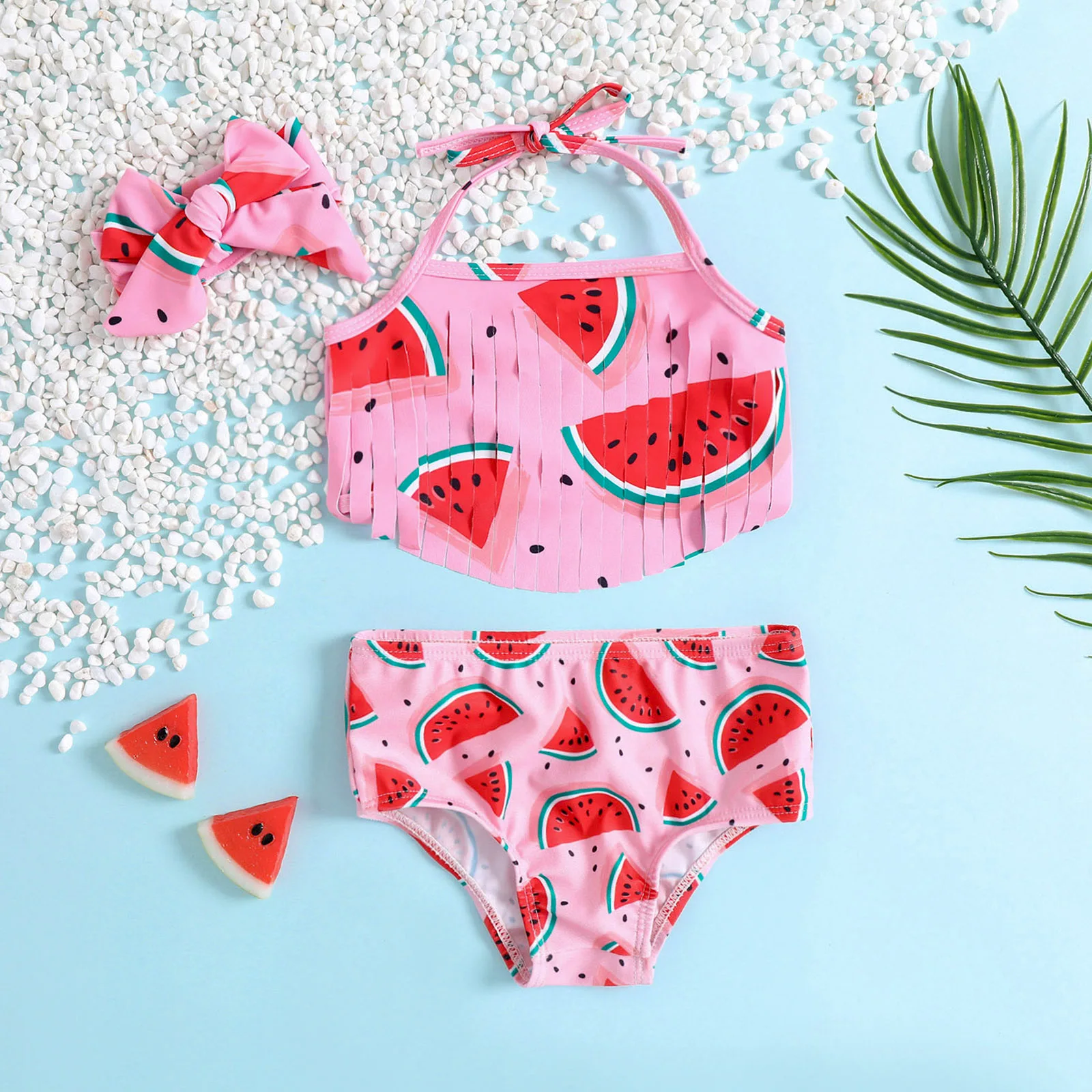 Baby two piece swimsuit with full print watermelon pattern,tassel top and matching bow hair accessory,suitable for pool play and