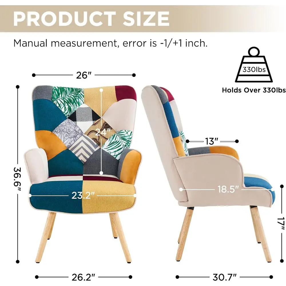 Colorful Patchwork High Back Armchair - 2 Pack Linen Fabric and Solid Wood Living Room Chairs