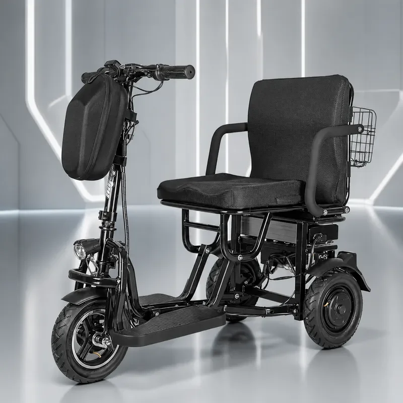 Foldable Aluminum Alloy Electric Tricycle with Front Bag and Rear Basket Small Three Wheel Battery Scooter for Elderly