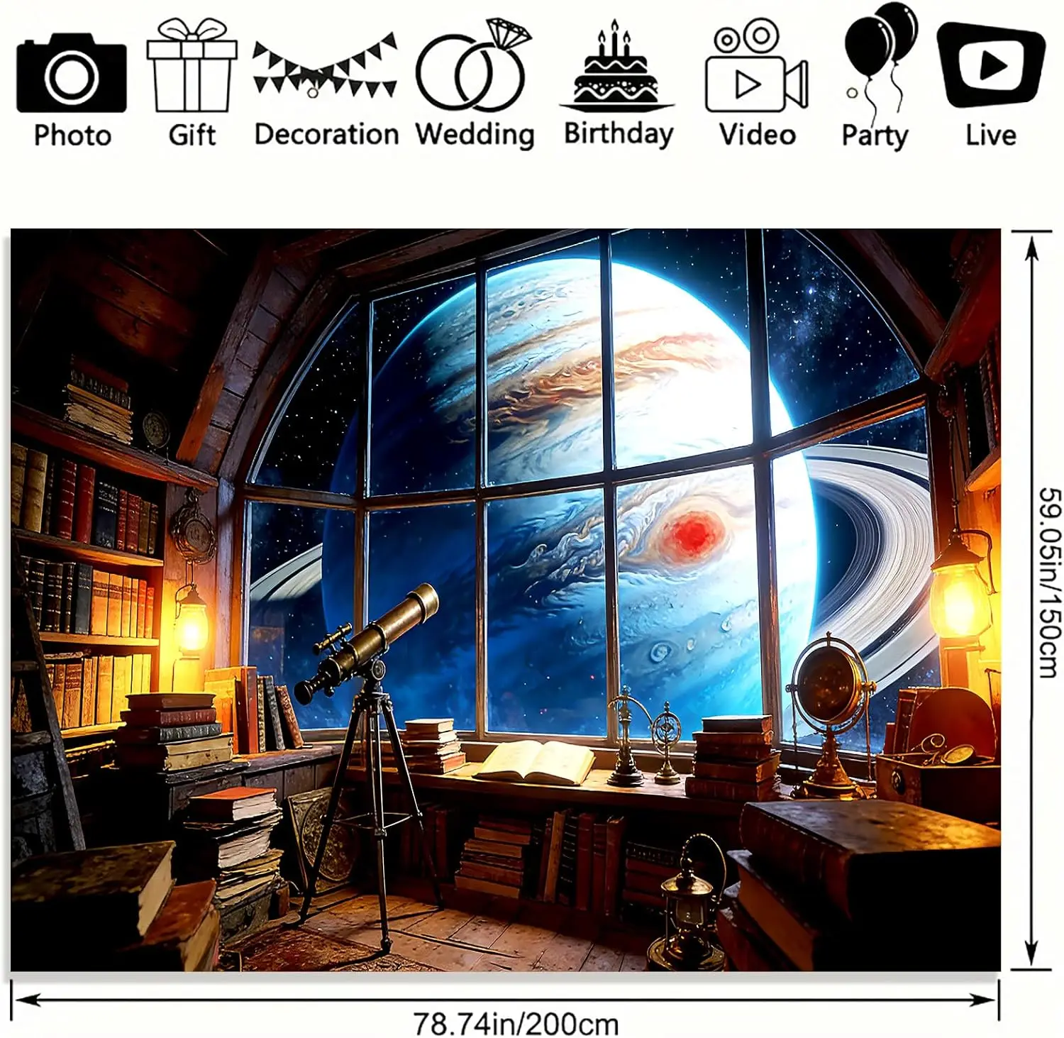 Space Library Jupiter View Tapestry, Vintage Telescope & Books Wall Art, Cosmic Decor for Study Room & Astronomy Enthusiasts