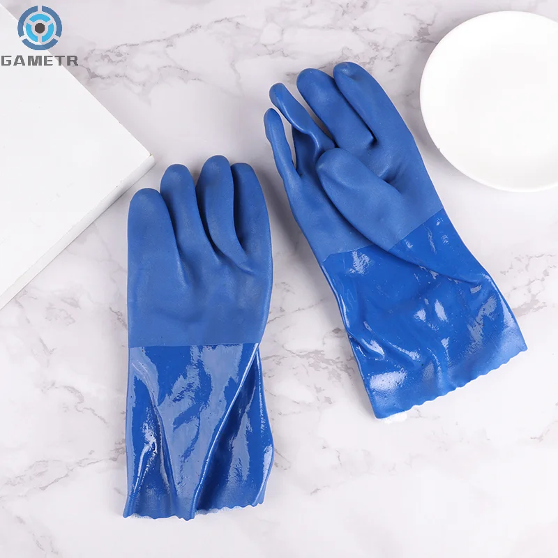 Guantes resistentes al aceite y al ácido alcalino, manoplas protectoras de seguridad Industrial de algodón con forro azul, productos químicos, 1 par