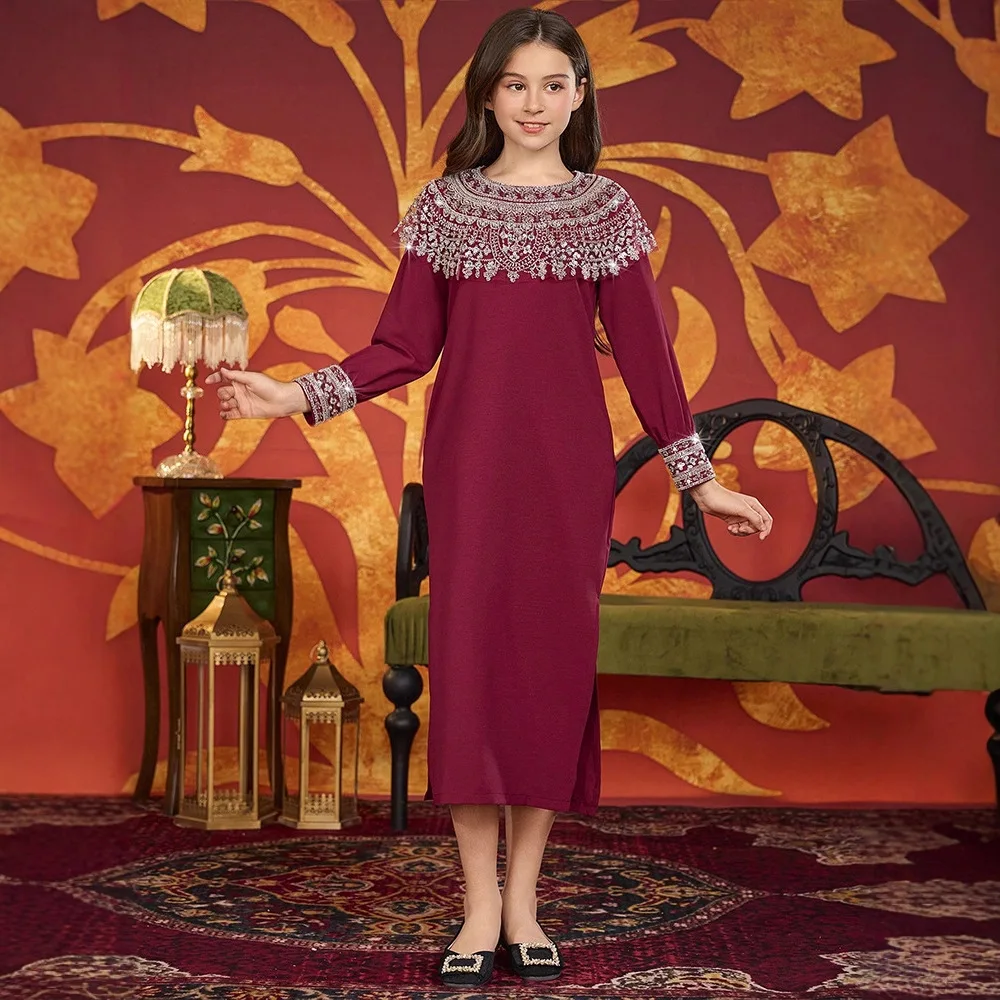 Morocco Muslim Kids Girls Beaded Maxi Dress Robe Ramadan Eid Islamic Children Clothing Arabic Abaya Turkey Kaftan Party Gown New