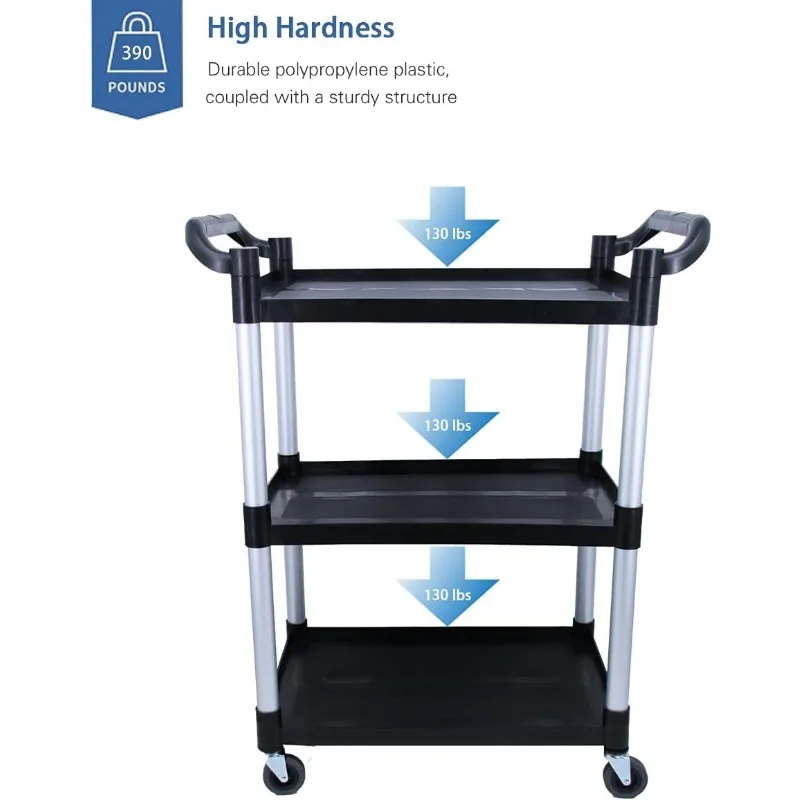 Plastic utility vehicle, wheels lockable, heavy duty restaurant cart, 390 LBS, 2 handles, black.