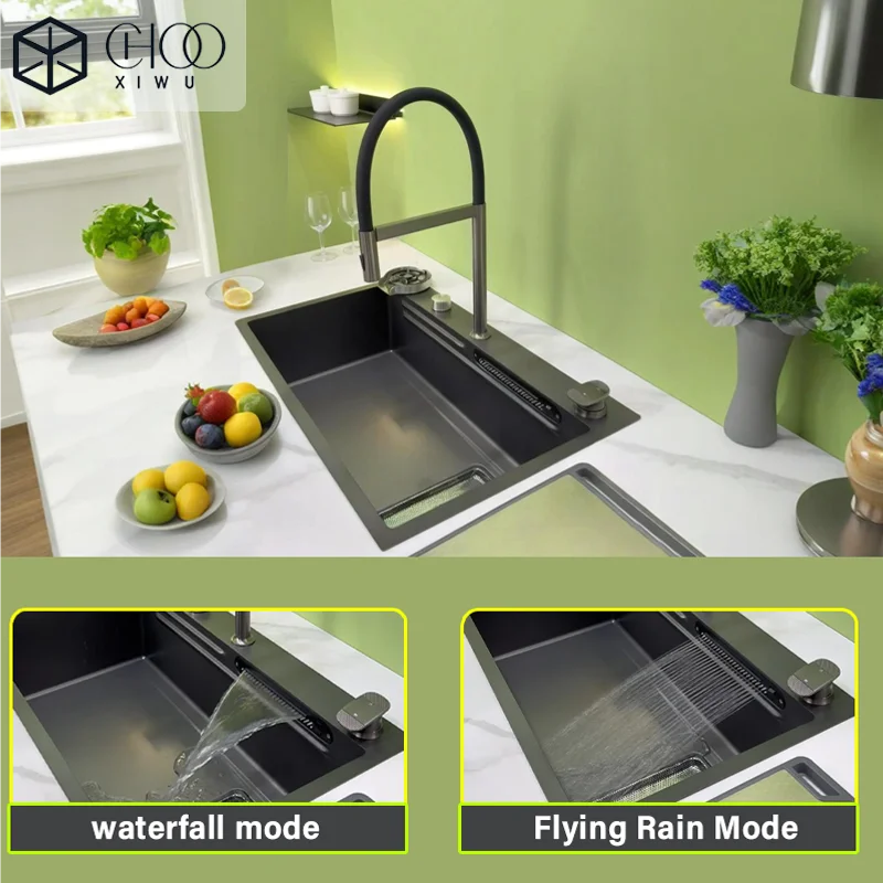 304 Stainless Steel Kitchen Waterfall Sink Digital Display Large Single Sink Dish Basin Sink With Multifunction Touch Waterfall