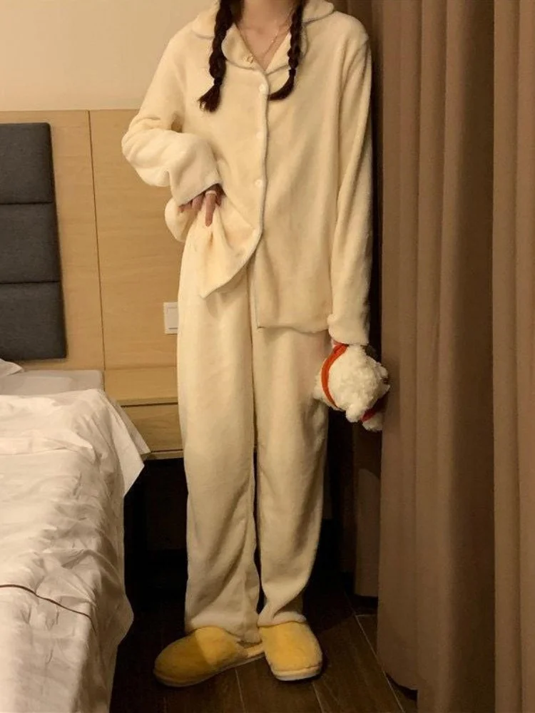 Coral Fce Damen Spwear Thiened Flanell Home Kleidung Long Sve Lange Hosen Wintersaison Einfache Sle Reine Farbe