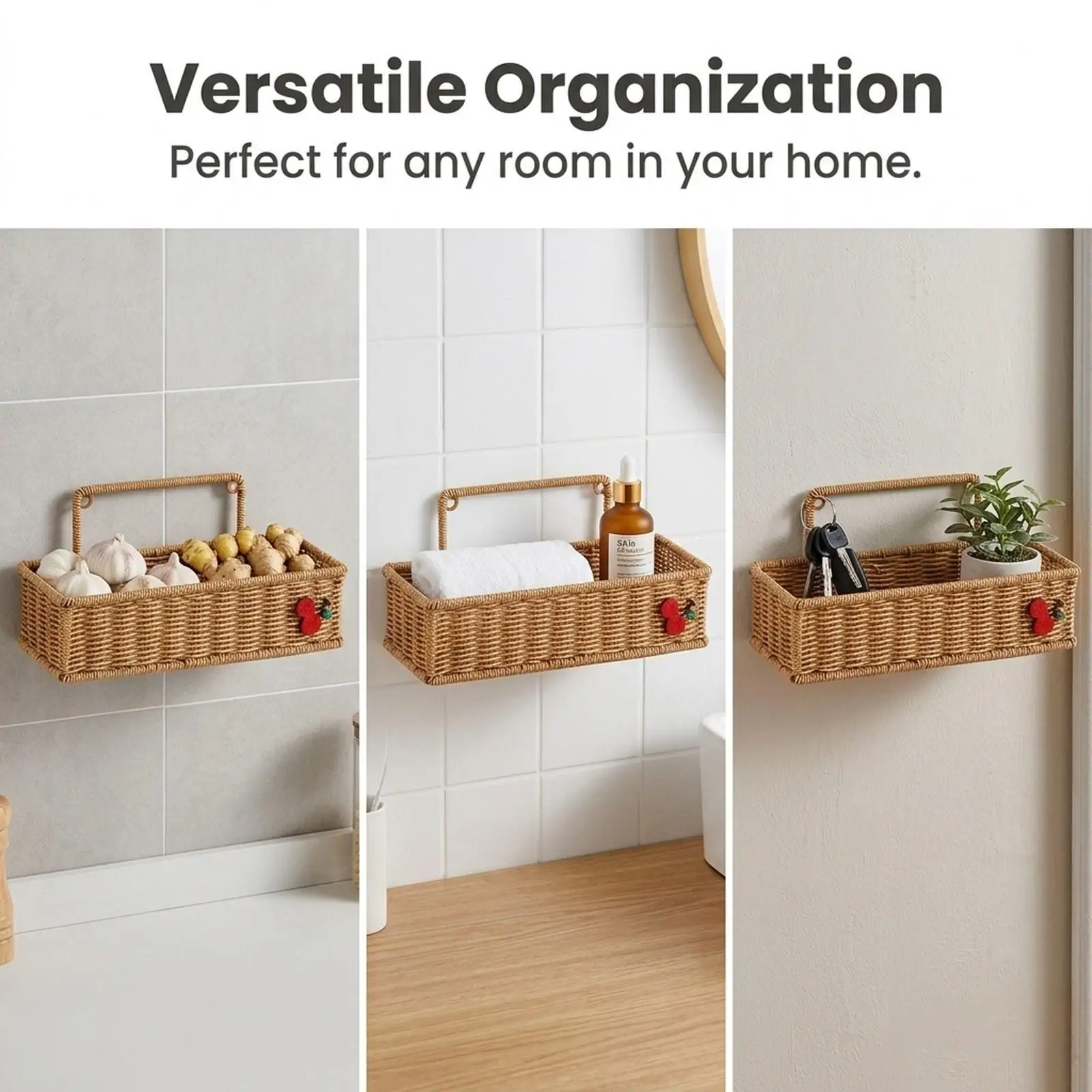 Woven Hanging Storage Basket PP Durable Wall Mounted Fruit Basket for Kitchen Garlic Ginger and Household Essentials