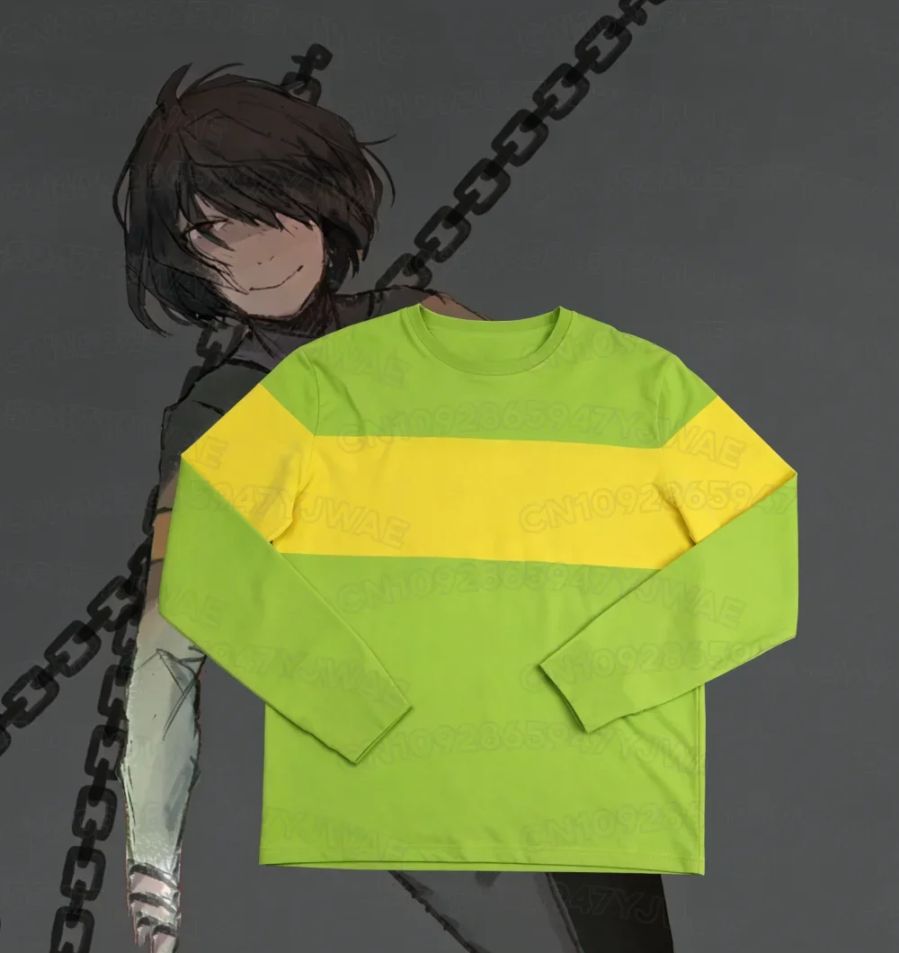Men's Women's Deltarune Kris Cosplay Long Sleeve Fashion Green Yellow Striped Pullover T-shirt Tops